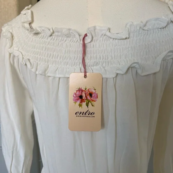 NWT Entro White Ruffle Off-Shoulder Statement Sleeve Women's Cream Dress Small - Picture 7 of 9